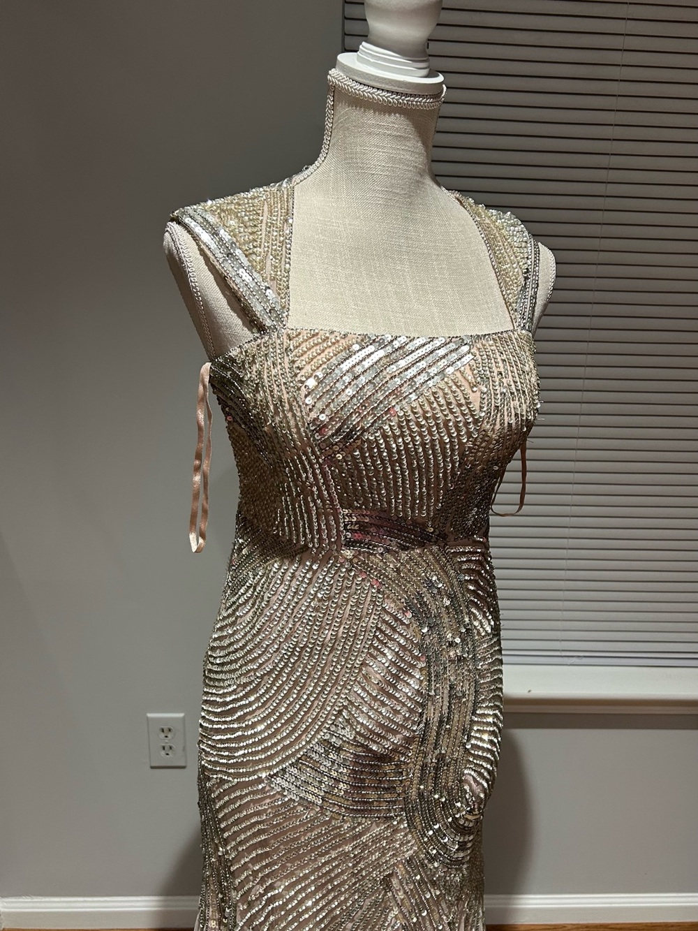 Adrianna Papell Champagne Beaded Strapless Evening Gown